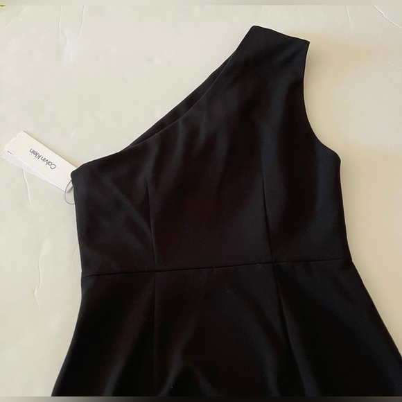 Black Embellished Rhinestone One Shoulder Calvin Klein Sheath Dress - Picture 6 of 7